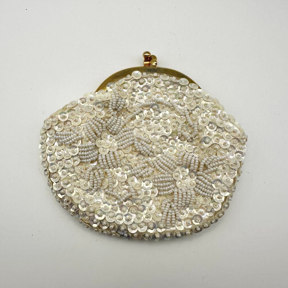 Vtg Ivory Silk Bead Sequin Gold Kiss Lock Coin Purse Wallet Handmade Hong Kong